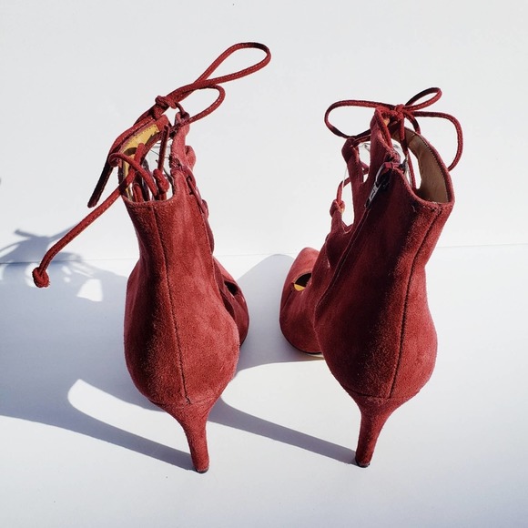 Booties Rust Wine Suede Lace Up Cage Gladiator Heels Sz 9.5 BIANCA DI - Picture 2 of 10